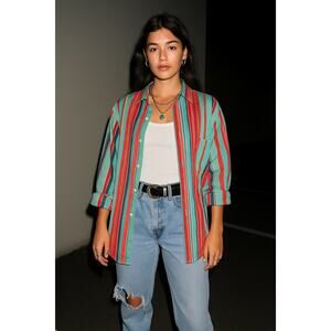 Vintage Ralph Lauren Women’s LRL Cotton Striped Button Down Shirt Large Teal